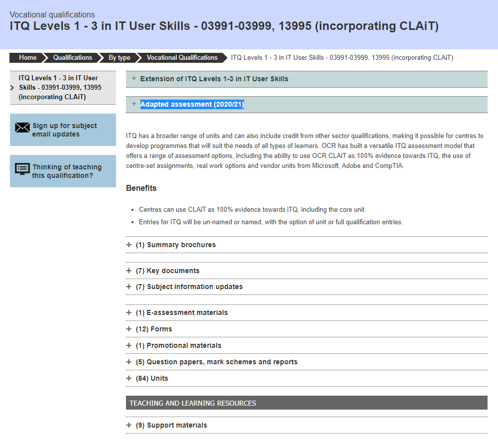 ITQ qualification page