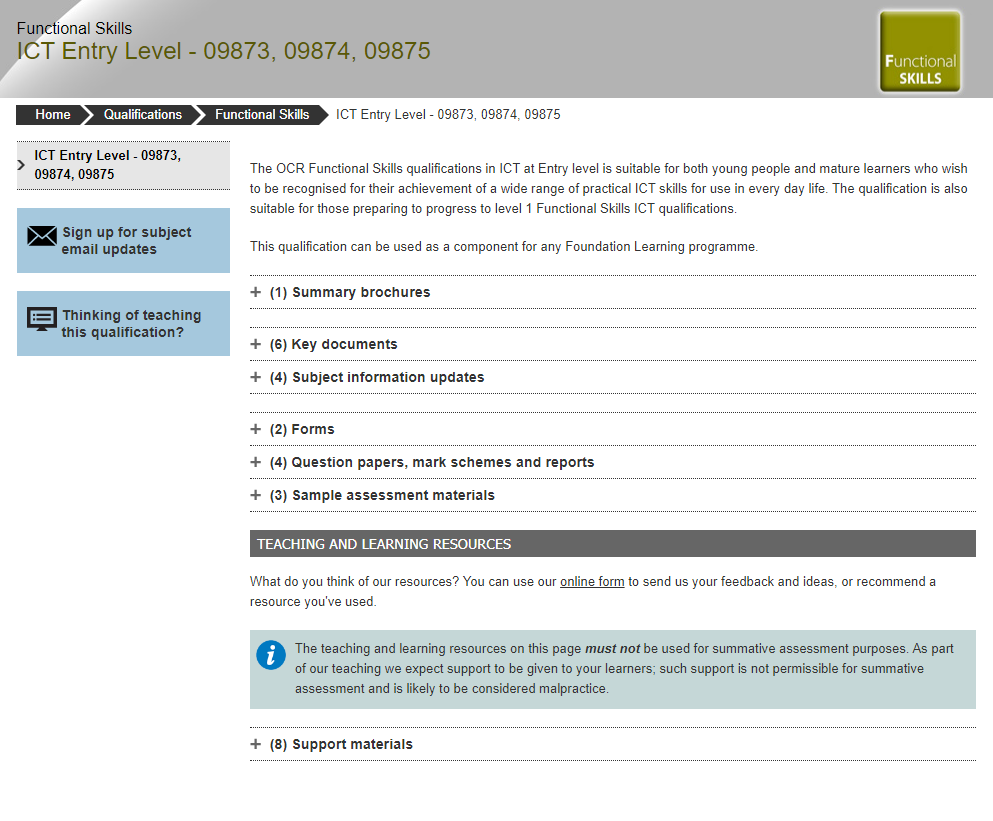 Functional Skills qualification page